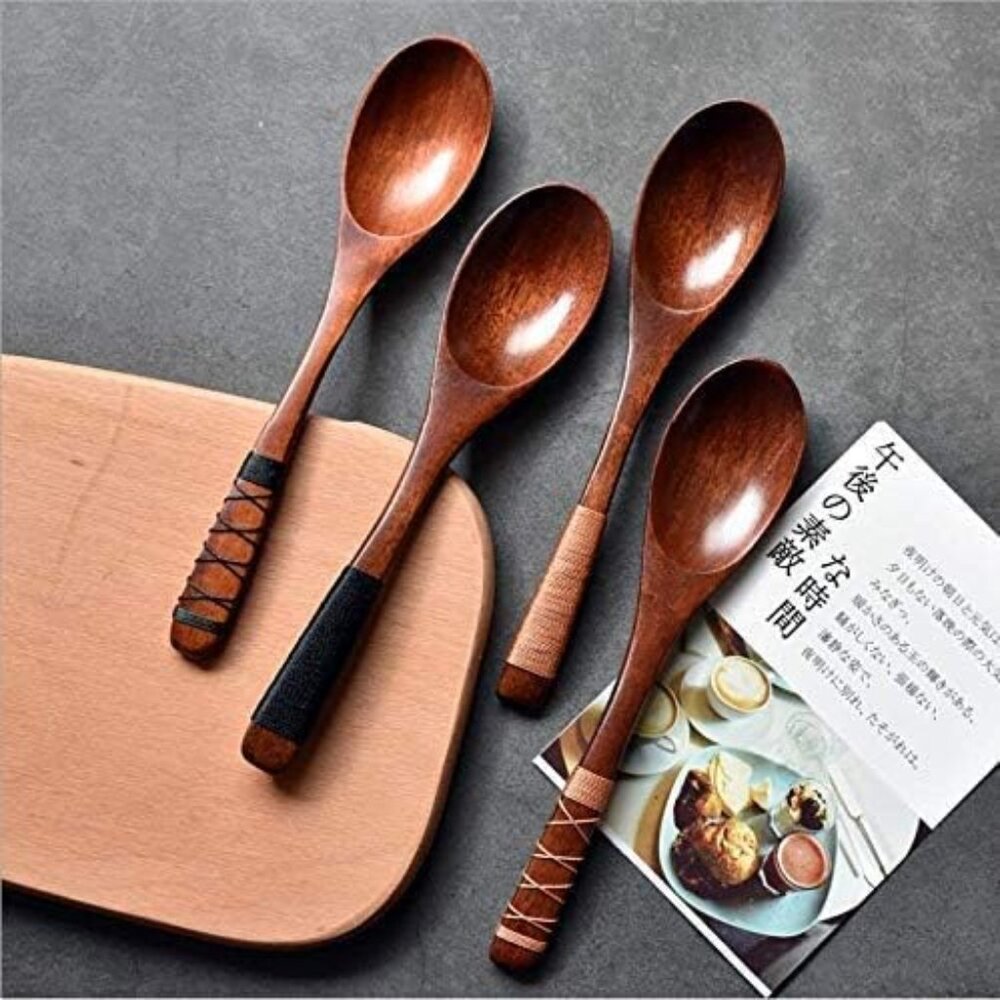 NEW! 4pc-Handmade Japanese Style Wooden Soup Spoons with Tied Line on Handle - Picture 1 of 5